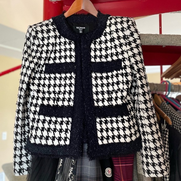 BALMAIN black white houndstooth tweed 4 pocket padded cropped jacket FR42 - Picture 16 of 16